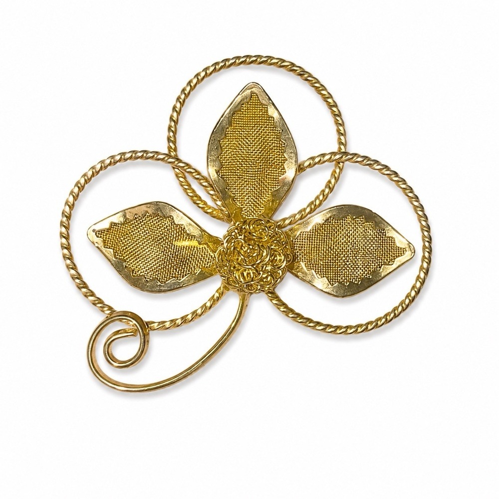 Vintage Gold Tone Wire Flower Brooch Textured Petals Floral Statement Pin